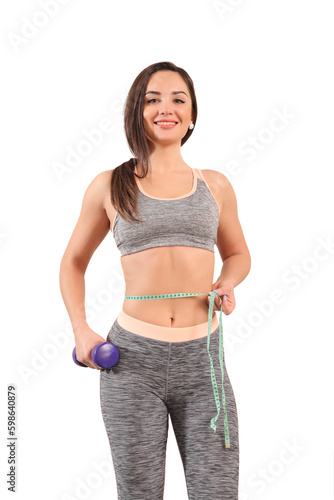 Woman measuring her slim muskular body photo