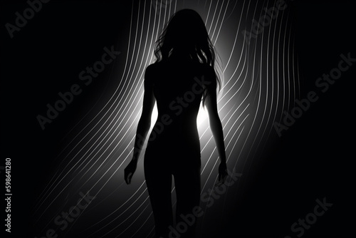 Beauty and fashion concept. Beautiful woman body silhouette. Low key photography technique. Black and white illustration. Minimalistic style. Generative AI