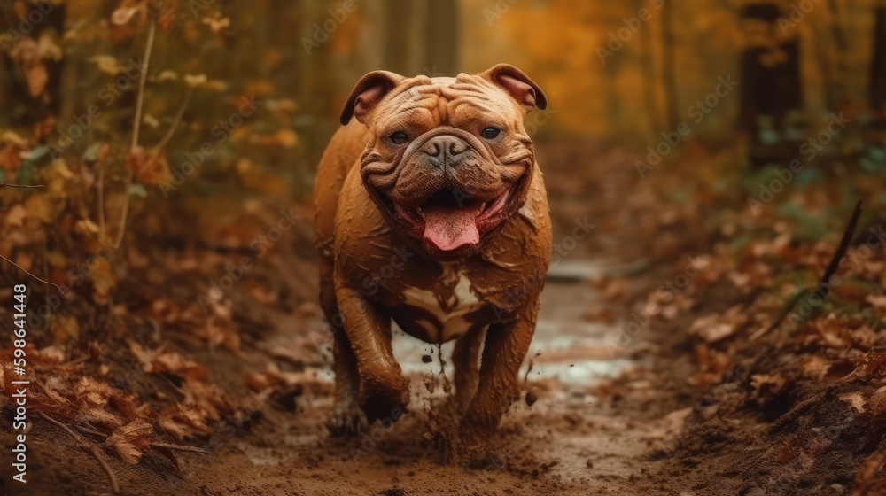 Muddy Adventure of a Brave Bulldog. Striking photograph of a bulldog covered in dirt, bravely walking on a path filled with mud. Pet concept AI Generative