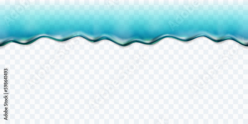 Water drip, melt ice seamless pattern isolated on transparent background. Glossy blue slime, jelly or clear moisture texture. Vector flow liquid gel border