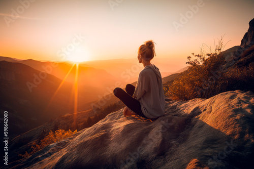 Woman meditates on the mountain and enjoying wonderful breathtaking sunset view.AI generated.