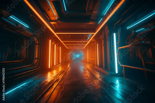Futuristic orange and blue neon lights in concrete room. Generative AI
