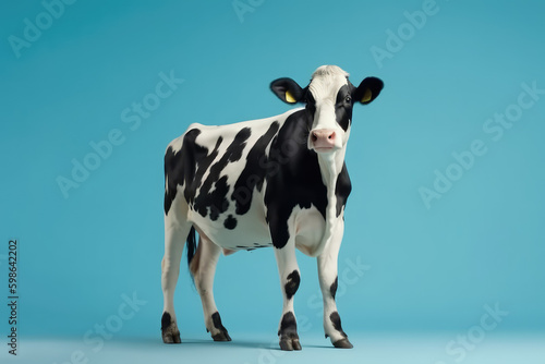 White and black spotted cow standing in a field isolated on a blue background