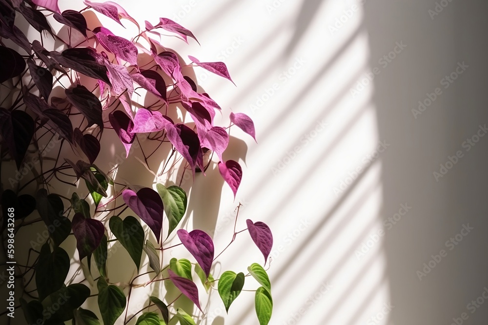 Tropical green plant with deep purple foliage on a textured background
