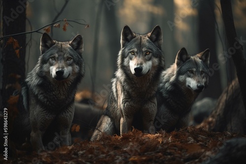 Grey timber wolves with alpha in forest. Beware these dangerous predators. 3D rendering. Generative AI