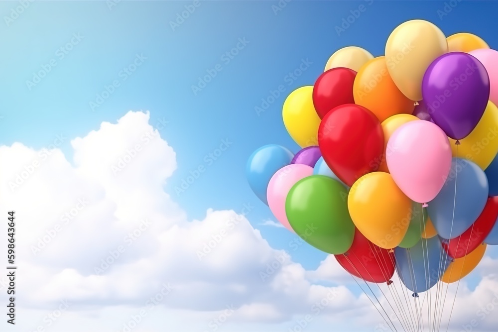 Multicolored balloons against the blue sky. Generative AI Multicolored balloons against the blue sky. Generative AI