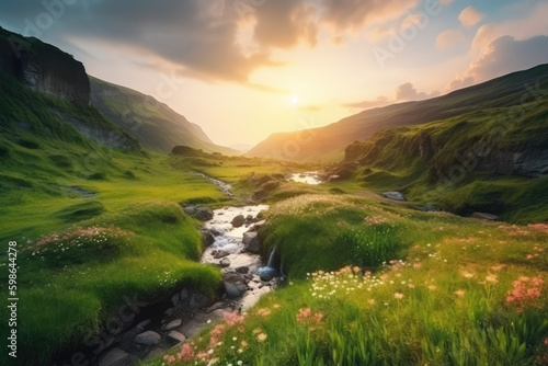 Beautiful Nature Lovely Countryside Place view of Valley Meadow Landscape Wallpaper with Waterfall  Mountains  Greenery Green Moss  Flowers  Clouds  Sunset  and Water river  generative AI