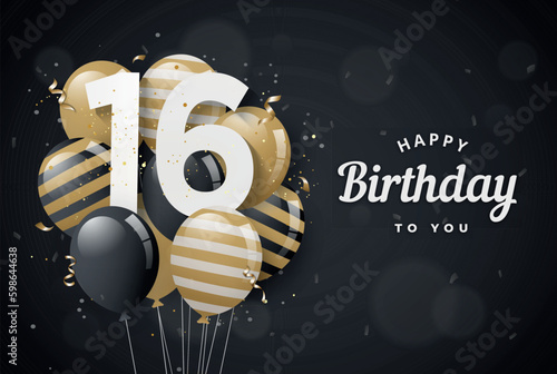 Happy 16th birthday balloons greeting card black background. 16 years anniversary. 16th celebrating with confetti. Vector stock photo