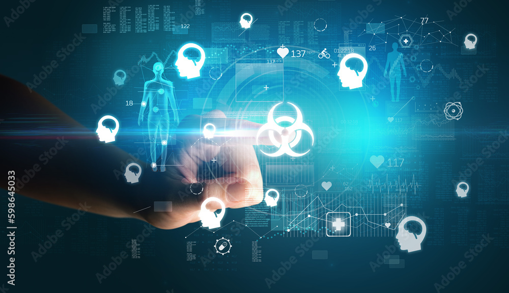 Doctor hand pressing futuristic health device with medical symbol on screen Doctor hand pressing futuristic health device with medical symbol on screen
