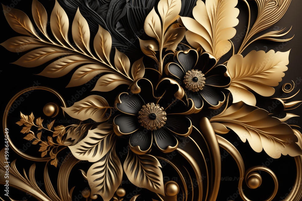 Golden Floral Background. Luxury Floral Damask with Flowers Golden and Black Elegant Leather Base illustration Background. 3d Wallpaper for Interior Mural Painting wall art Decor, generative AI