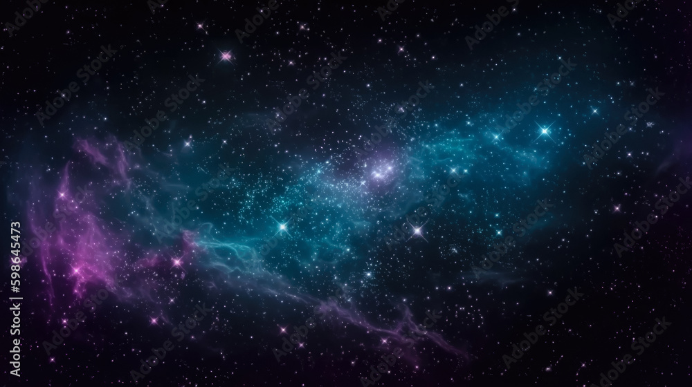 Realistic beautiful endless expanses of eternal space created with the help of artificial intelligence. Pleasant blue shades with purple and pink tints decorated with bright stars.