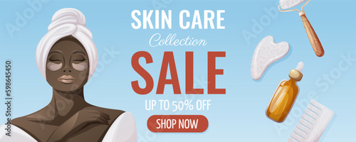 Skin care sale promotion banner. African American woman in bathrobe and towel. Gua sha massage tools, eye patches, oil serum. Health and beauty. Vector illustration. For poster, advertising, website.