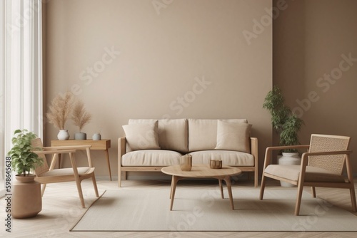 Beige Scandinavian living room with wooden furniture and mock-up wall background. Generative AI