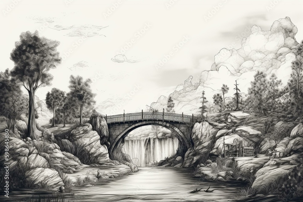 A hand-drawn sketch of a landscape with a bridge, isolated on a white background. Generative AI