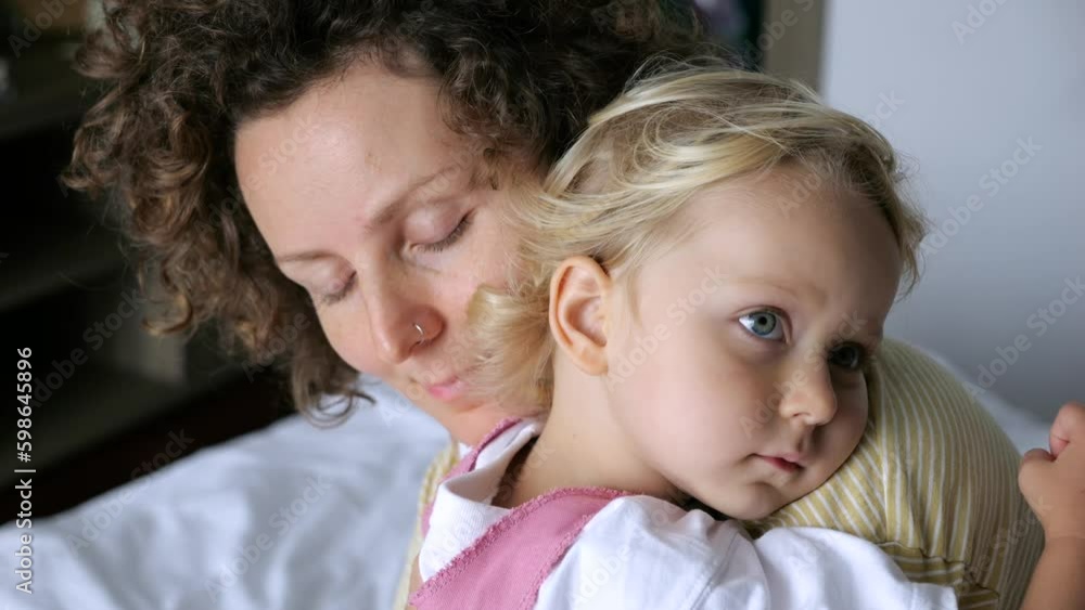 Close up of calm peaceful faces of woman and girl who hug each other tightly and tenderly, hold each other in warm, loving embrace. Love, affection, fondness of mother to child. Mommy Generative AI Close up of calm peaceful faces of woman and girl who hug each other tightly and tenderly, hold each other in warm, loving embrace. Love, affection, fondness of mother to child. Mommy Generative AI