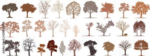 Trees Silhouette Forest Collection, Nature Botanical Tree Set Isolated White Vector Illustration
