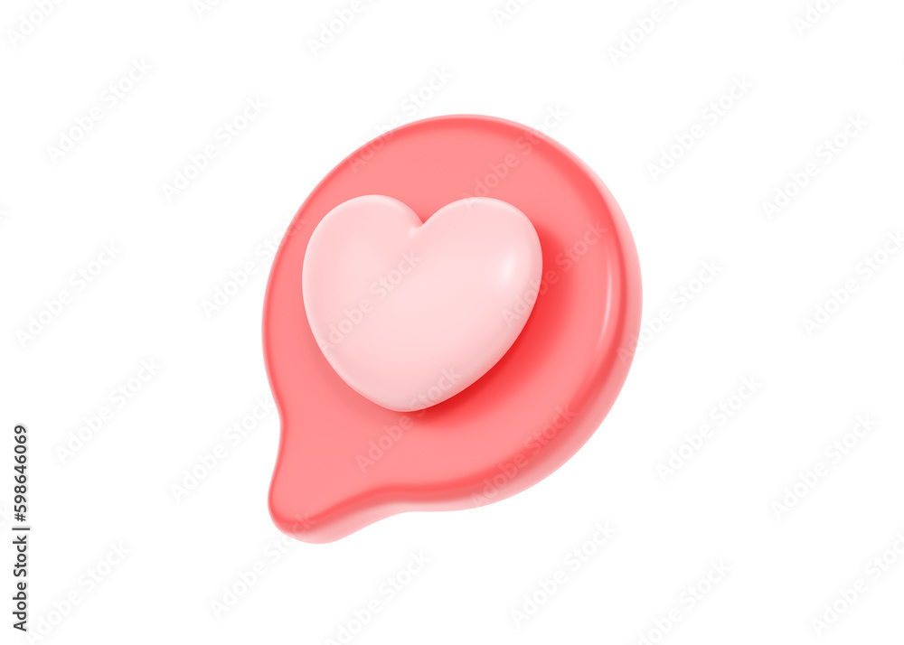 3d social media love heart icon render - message red bubble for chat and network speech on mobile phone