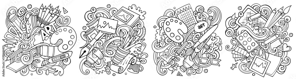 Art cartoon vector doodle designs set.