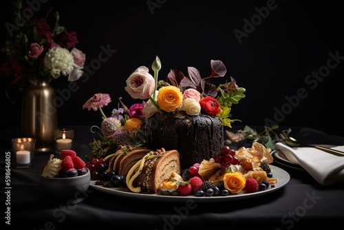 A diverse array of delicacies on a white plate adjoining a floral arrangement over a black table. Generative AI