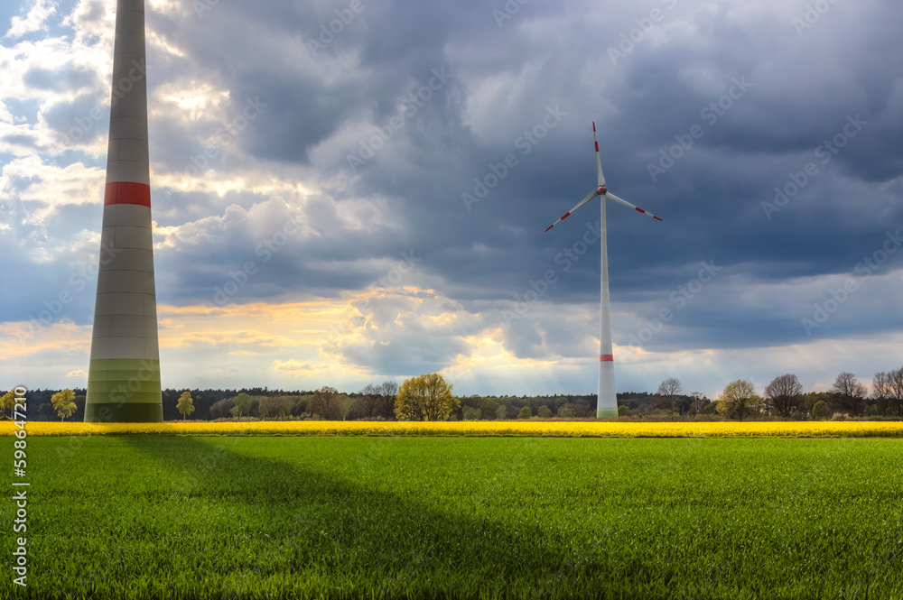 Windräder in einem Rapsfeld stehend mit Wiesen und Feldern im Hintergrund Bäume Windräder in einem Rapsfeld stehend mit Wiesen und Feldern im Hintergrund Bäume