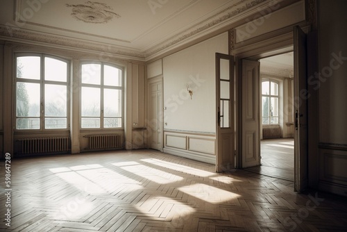 Empty white room in older apartment with balcony. Generative AI