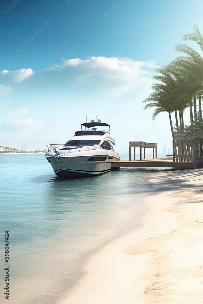 Luxury private motor yacht on tropical island on background.