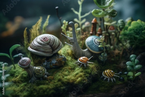 A collection of fantastical snails with dreamlike features. Generative AI
