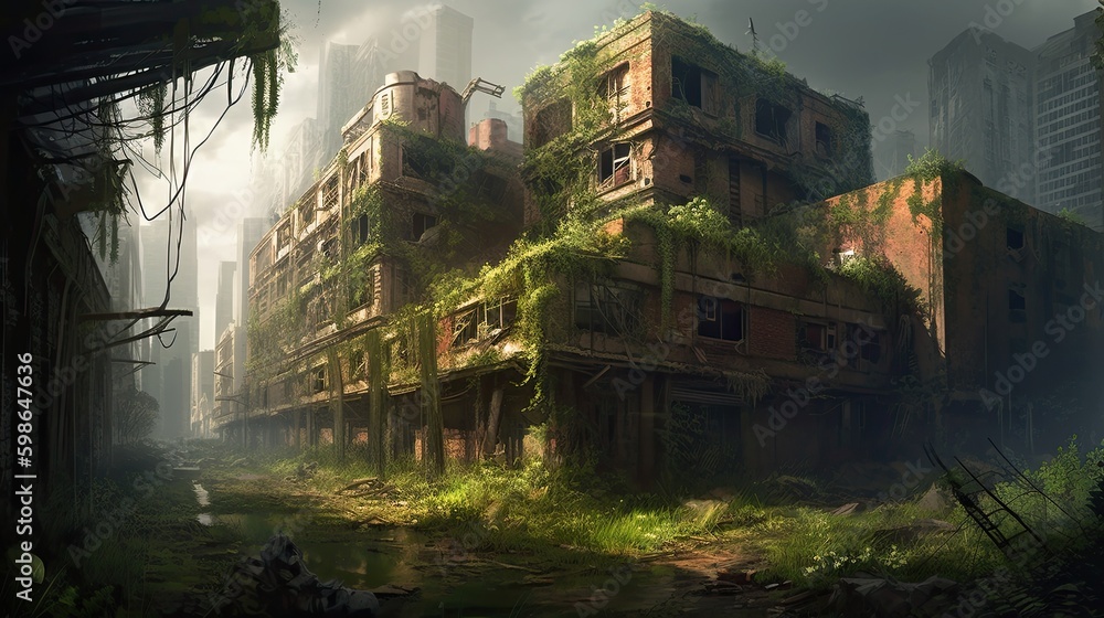 Gloomy Dystopia: Post-Apocalyptic City With Overgrown Destroyed Buildings, Digital Painting: Generative AI