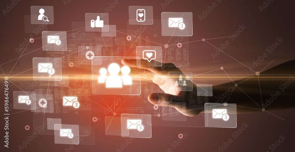 Hand pressing social media multimedia application screen with media icons on futuristic concept Hand pressing social media multimedia application screen with media icons on futuristic concept