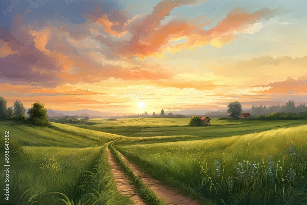 Summer Bliss: A Breathtaking Country Landscape of Meadows and Fields at Sunrise, Generative AI