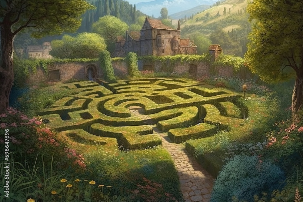 The Majestic Labyrinth Garden in England: A Traditional Scenic Landscape of Trees, Bushes, and Mountain Paths for a Fantasy Background. Generative AI