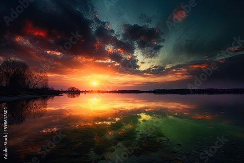 Airy Sunrise Over Serene Lake: A Peaceful Nature Scene: Generative AI © Alona
