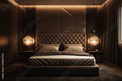 Indulge in Luxurious Generative Design: An Upscale Masculine Bedchamber with a Comfortable Bed and Glowing Lamps: Generative AI
