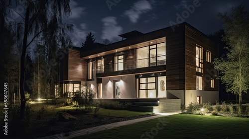 Luxurious Modern Country Estate with Contemporary Exterior & Solar Panels Illuminating the Night, Generative AI © Alona