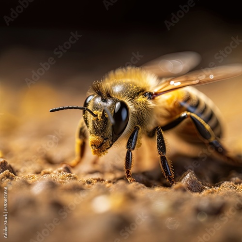 Golden Glitter Ground: A Bee's Closeup of Pollen Gathering in Nature. Generative AI © Alona