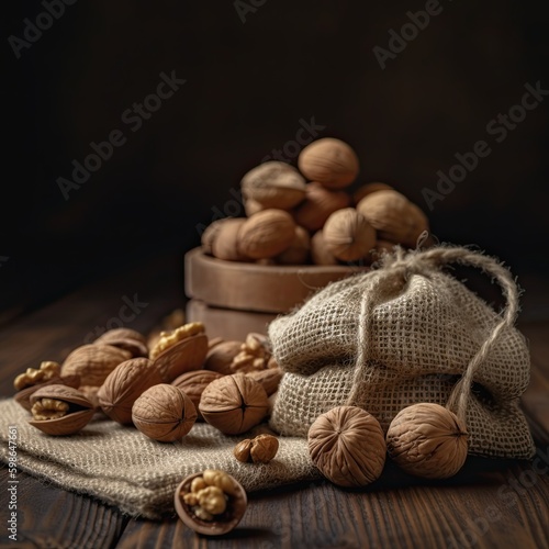 Nutrition on Display: Fresh Organic Walnuts Piled in a Heap on a Wooden backdrop: Generative AI