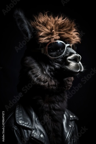 Rock Star Alpaca with Big Curly Bang and Leather Jacket: Cool Goggles and Copy Space for an AI Look. Generative AI