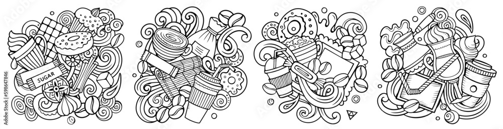 Coffee cartoon vector doodle designs set.