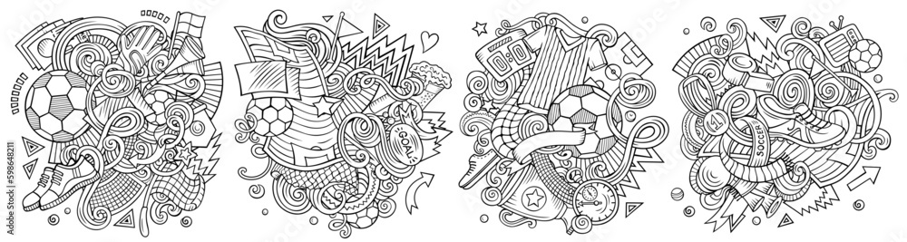 Fototapeta premium Football cartoon vector doodle designs set.