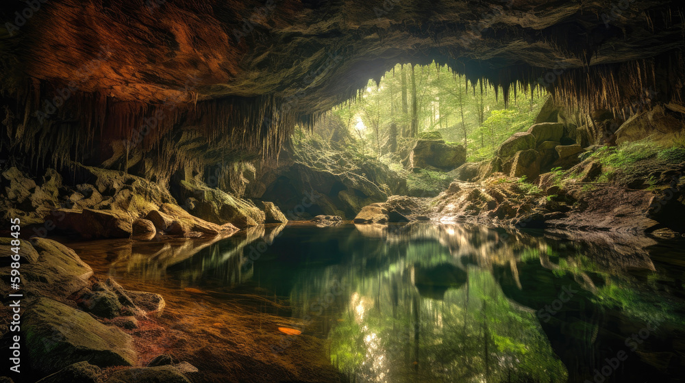 Breathtaking underground cave with lake. Generative AI Breathtaking underground cave with lake. Generative AI