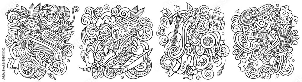 Hippie cartoon vector doodle designs set.