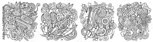 Hippie cartoon vector doodle designs set.