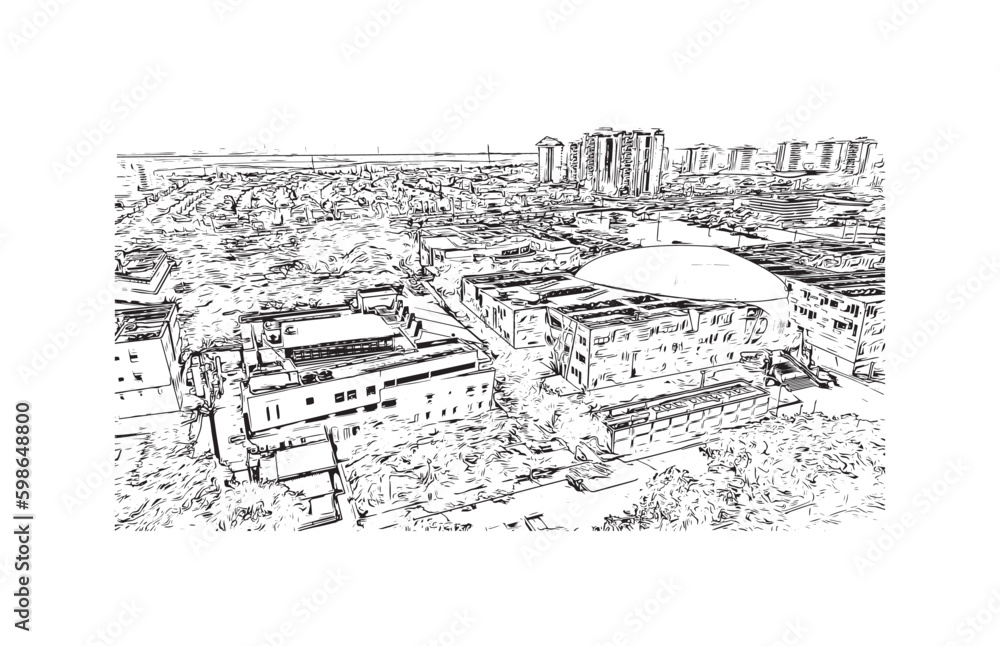 Building view with landmark of  Rishon Lezion is a city in Israel. Hand drawn sketch illustration in vector.