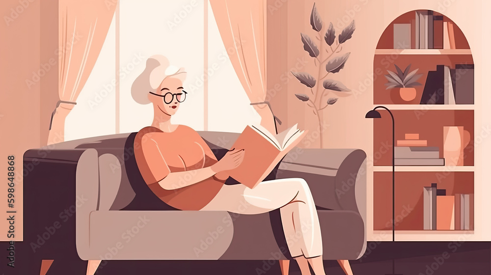 Fototapeta premium a pretty middle-aged woman sits comfortably on the couch and reads a book. Generative AI