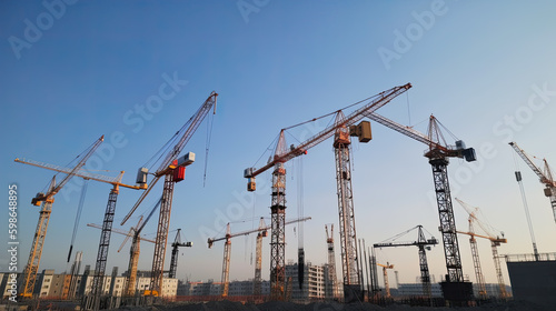 low angle view on cranes with a clear blue sky. Generative AI