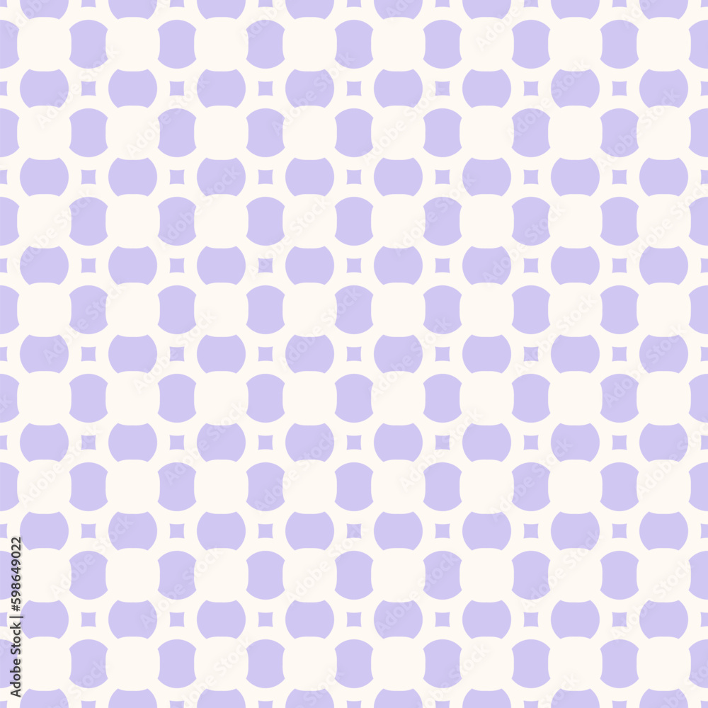 Simple vector geometric seamless pattern with small rounded shapes, flower silhouettes, squares, grid. Abstract white and lilac minimal ornament texture. Elegant repeated minimalist graphic background