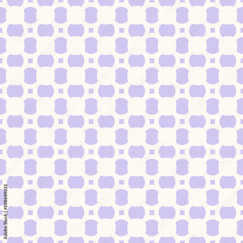 Simple vector geometric seamless pattern with small rounded shapes, flower silhouettes, squares, grid. Abstract white and lilac minimal ornament texture. Elegant repeated minimalist graphic background Simple vector geometric seamless pattern with small rounded shapes, flower silhouettes, squares, grid. Abstract white and lilac minimal ornament texture. Elegant repeated minimalist graphic background
