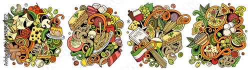 Italian food cartoon vector doodle designs set.