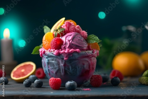 Fruit-topped ice cream in a colored cup. Generative AI