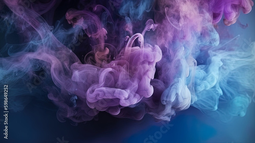 Color mist. Glitter smoke. Paint water splash. Magic potion. Purple pink glowing sparkling particles fog floating on dark black abstract art background with free space